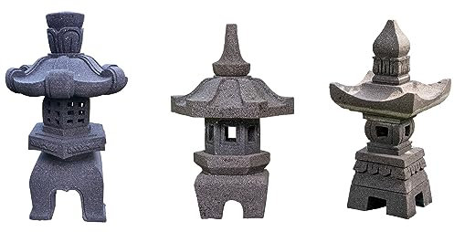 IDYL 3er Set | 2X Stein-Laterne Lampe Yukimi aus Lavastein Verschiedene Ausführungen 50 cm + Lavastein-Skulptur Laterne Pagoda 50 cm | Lava-Stein Laterne handgefertigt | Gartenskulptur Naturstein