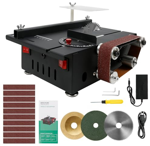 300W Mini Sierra de Mesa, Sierra circular de mesa con 30x420mm lijadora de banda, control de motor dual Sierra de mesa circular con 10 bandas de lijado, herramientas de lijado y corte, enchufe UE
