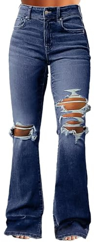 Flamingals Women's Bell Bottom Jeans Flared Ripped Stretchy Mid Rise Cut Out Distressed Denim Bootcut Jeans Navy Blue L