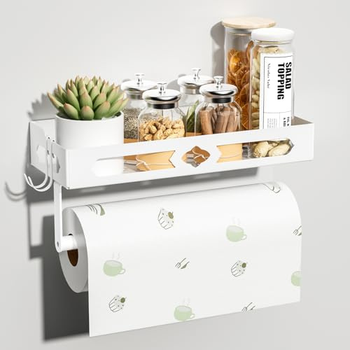 ZDDLOINP Étagère à épices murale avec porte-rouleau de cuisine et crochets, sans perçage, organisateur d'épices pour cuisine, blanc