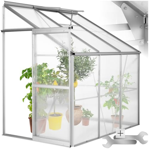 tectake® Serra da Giardino, Telaio in Alluminio Anodizzato, Serra per Orto con Lastre in Policarbonato, Serra a Parete con Porta Scorrevole e Lucernaio per Ventilazione, Senza Base, 192x128x202 cm