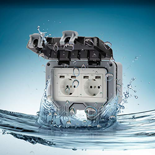 Außensteckdose Aufputz Wandsteckdose mit USB Stecker für Außenbereich Steckdose Wasserdicht IP66 Gartensteckdose für Feuchtraum Outdoor mit Klappdeckel (EU Stecker)