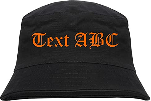 Individueller Anglerhut - altdeutsch - schwarz - Bucket Hat - Fischerhut mit Wunschtext Bedruckt Druckfarbe: Orange M