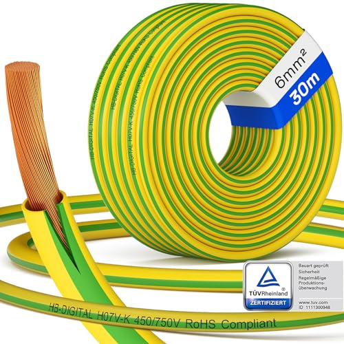 hb-digital 30m Câble de mise à la terre 16mm² H07V-K Fil de terre pour structure photovoltaïque Conducteur flexible en cuivre Conducteur unique Gaine en PVC pour installations PV Câble solaire