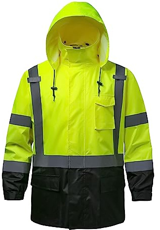DPSAFETY Reflective Rain jackets for men waterproof,Hi Vis Safety Coat With Reflective Strips，High Visibility Class 3 Rain jackets With 2 large pockets，Zipper,Black Bottom Lime,SM/MD