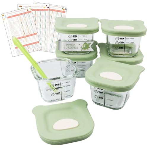 HELLO HIPPO® Lots de 6 Petit Pots en verre Bébé 160ml - Idéaux pour Compotes, Purées et Fruits, Hermétiques et Pratiques avec Graduation, Cuillère Incluse - Parfaits pour les Repas de Bébé