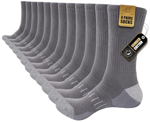 Stoeury Calzini Uomo 6 Paia, Calze in Cotone Senza Cuciture, Calzini Spugna Sportivi Traspiranti e Antivesciche, Ideali per Lavoro, Sport, Running, Trekking, Casual, Grigio, 39-42