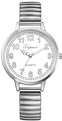 Oidea Women's Stretch Band Watches: Large Face Clear Arabic Numerals Elastic Strap Analog Quartz Wrist Watch Easy Read Luminous Watch Casual Business Dress Ladies Watches Gifts, Silver