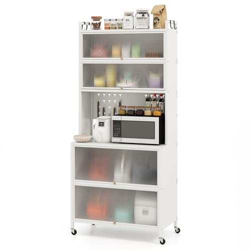 KOMFOTTEU Küchenschrank mit 5/6 Ebenen, Sideboard mit 4 Haken & 10 Dübeln, Buffetschrank mit Arbeitsplatte & Schränken, Küchenbuffet mit 4 Universalrollen (80 x 40 x 178 cm, Weiß)