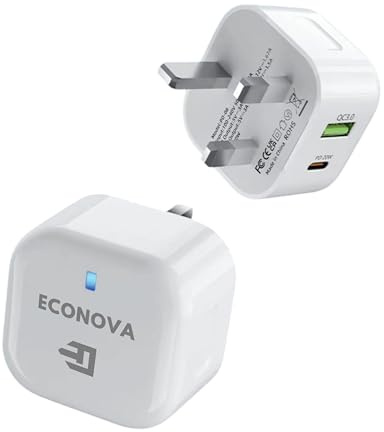 ECONOVA 20W PD Fast Charging Adapter – Dual Port USB-C & USB-A Wall Charger, Compatible with Android Devices, Compact Plug – White
