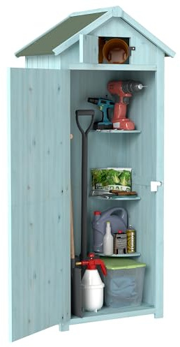 Outsunny Armario de Jardín de Madera 77x54,2x179 cm 0,3 m² Cobertizo para Almacenaje de Herramientas con 3 Estantes y 2 Puertas con Cerrojo para Patio Terraza Azul y Verde