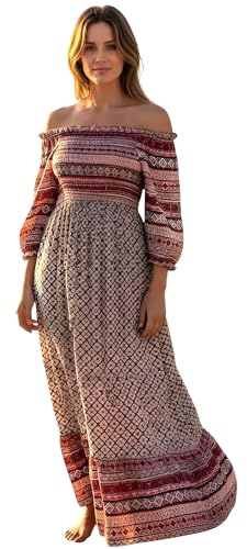 GISELA Abito Copricostume Donna Lungo in Viscosa 100% Spalle Scoperte Stampa Etnica Boho Multicolor Art. 40010