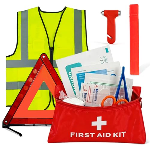 Set di pronto soccorso 3 in 1: Auto Include borsa di medicazione e giubbotto di avvertimento, Martello di sicurezza, triangolo di avvertimento - Kit Emergenza Auto per Automobile Moto