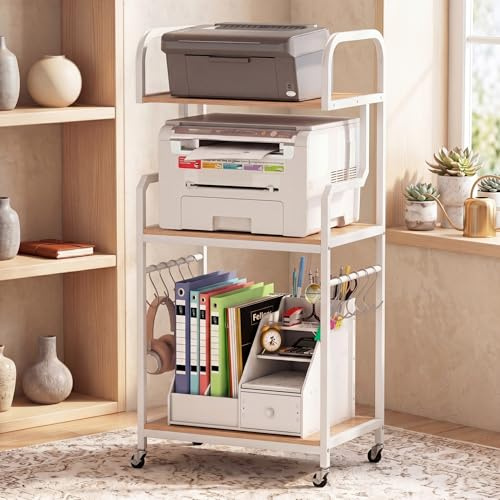 COSTWAY 3-Tier Rolling Printer Stand, Large Printer Cart (Natural) | Storage Shelves, 10 Hooks & Locking Wheels, Home Office Heavy-Duty Tall Mobile Machine Table for Shredder Scanner Fax