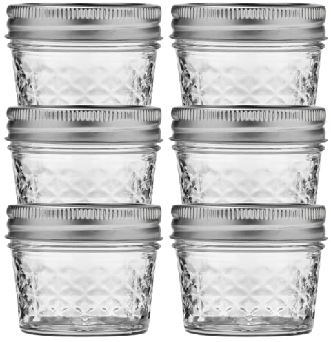 Ball Wide Mouth Quilted Crystal Jelly Jars with Lids and Bands, Used for Canning, Pickling, Juice, Jam, Jelly, Quarter Pint Size (4 Ounce (Pack of 6))