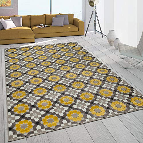Paco Home In- & Outdoor-Teppich Mit Retro-Design Balkon Terrasse 3D-Web-Art In Gelb Beige, Grösse:120x170 cm