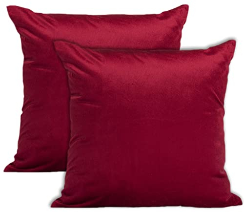 Encasa Homes Kissenbezüge aus Samt - 2er-Set (60x60 cm) - Rot- Uni gefärbt, weich & glatt, waschbar, quadratisch, großer Wurfkissenbezug für Couch, Sofa, Stuhl, Bett und Wohnbereich