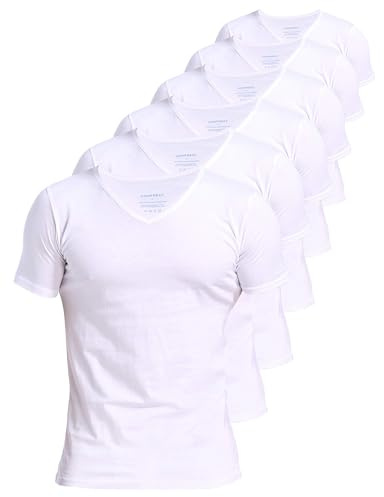 Comfneat Men's 6-Pack Undershirts 100% Cotton Comfy V-Neck T-Shirts (White 6-Pack, Medium)