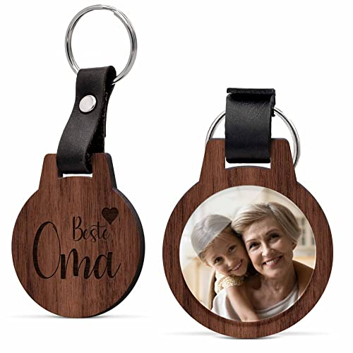 CHRISCK design Foto Schlüsselanhänger personalisiert mit Bild & Namen Gravur - Echtes Holz - kratzfest - Schlüssel Anhänger Beste Oma - Persönliches Geschenk für Frauen Großmutter