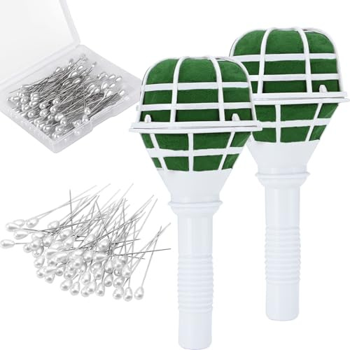Ourtroness Buketthållare, 2 stycken skumblomhandtag buketthållare och 100 stycken bröllopsbukettstift, brudbuketthållare för bröllopstillbehör, dekoration, blomsterarrangemang