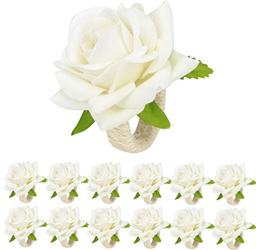 HuaLiSiJi Rond Serviette de Table Fleurs 12 Pièces Rond de Serviette Mariage Blanc, Fleur pour Le Banquet de Mariage décoration de dîner de Pâques de Noël (Blanc)