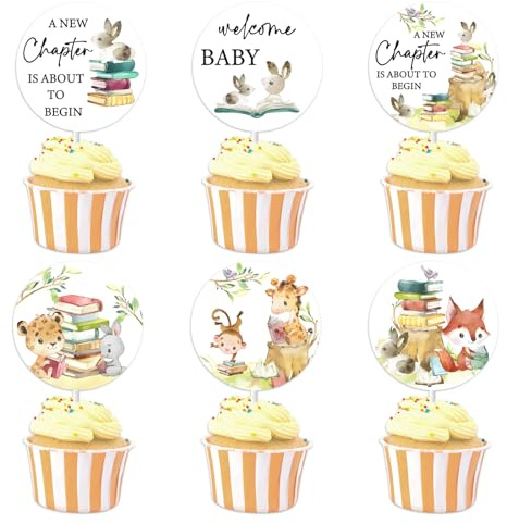JOYMEMO 24 Pcs Storybook Baby Shower Cupcake Toppers for Boy Girl, A New Chapter Is About To Begin Baby Shower Welcome Baby Cake Decorations, Woodland Animal Party Supplies