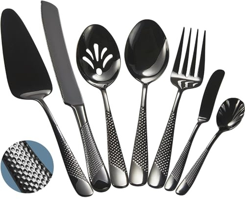 Xideman® 7-Piece Hammered 18/10 Stainless Steel Silverware Serving Utensil Set - Hostess Flatware with Cake Knife & Cake Server (Black)