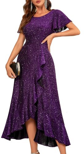 Berylove Robe de soirée longue à paillettes pour femme avec ourlet à volants - Robe festive pour mariage, Violet pailleté, S