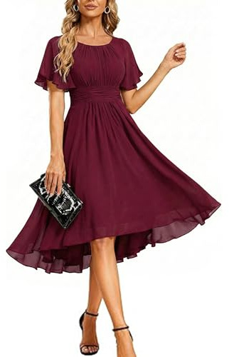 Ever-Pretty Women's Chiffon Crew Neck Empire Waist Short Sleeve Semi Formal Dresses Wedding Guest Dress Burgundy US06
