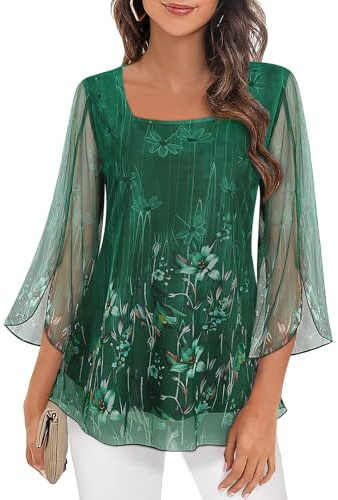 Syphiby Women's Blouses & Shirts, Green Floral Tops for Women UK Overlap Ruffle Sleeve Square Neck Elastic Mesh Blouse Loose Flowy Tunic Tops
