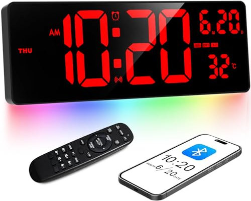 XREXS 16,5'' Große Digitale Wanduhr, automatische Zeitkalibrierung, rotes Digitaldisplay mit bunter Umgebungslichtleiste, Uhr/Temperatur/Kalender/Timer/Wecker, für Wohnzimmer, Küche, Wohnzimmer, Büro