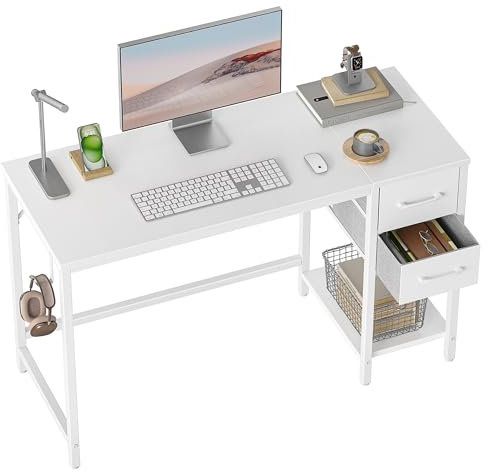 Cubiker Schreibtisch 100×50×75cm, Computertisch, PC-Tisch, Bürotisch, mit 2 Schubladen auf der rechten oder linken Seite, fürs Büro, Wohnzimmer, Stahlgestell, Industrie-Design, Weiß