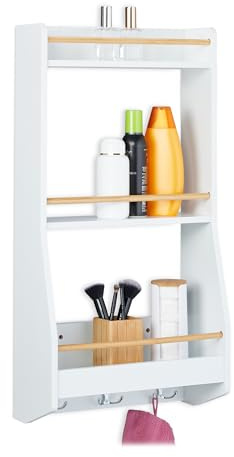 Relaxdays Mensola da Cucina, 75x38,5x17,5 cm, 3 Ripiani Portaspezie, Scaffale Bagno 6 Ganci Portasciugamani, MDF e bambù