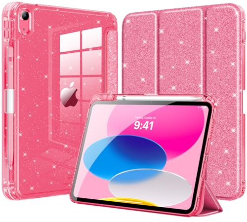 MoKo Funda iPad(A16) 11.ª Generación 11 Pulgada 2025/10ª Gen 10,9 2022, Funda Brillante con Soporte Lápiz,Cascara Delgada Trasera Transparente Brillante,Compatible con Touch ID, Purpurina Rosa