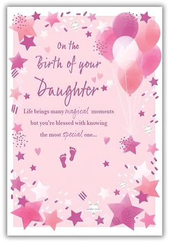 IC&G New Baby Daughter Congratulations - Birth Congratulations Card with Sentimental Verse and Star and Balloon Design with an Embossed Foil Finish