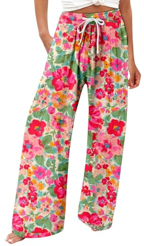 Boheme Pantalon Palazzo Femme Grande Taille Casual, Pantalon Large Fluide Ete Imprimé Bohème Vintage, Baggy Pantalons Taille Haute Elastique Toile été Boho Harem Avec Cordon Plage Yoga Décontracté