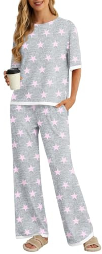 PrinStory Pyjamas för kvinnor, kortärmad pyjamasöverdel långa pyjamasbyxor tvådelad