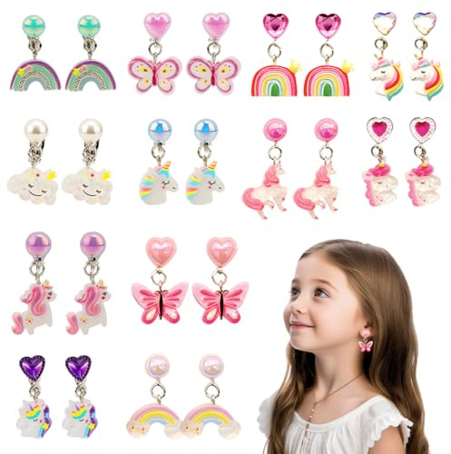 12 Paires Boucles d'oreilles Clip Fille Enfants, Licorne Mignon Arc-en-ciel Non Piercing Boucles d'oreilles Princesse Bijoux Accessoires Fête Anniversaire Cadeau