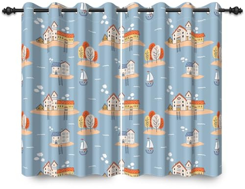 ggaimwf 107x160cm Casa dei cartoni animati Tenda con occhielli per bambini Camera da letto Oceano Cabina Spiaggia Nave Oscurante Tende per finestre per Cameretta Soggiorno,2 pannello