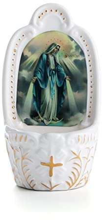 KOMI Porcelain Catholic Holy Water Font Virgin Mary Holy Water Font for Entrance of Home Church Wall Hanging Decor Great Gift for First Communion, Confirmation, Housewarming