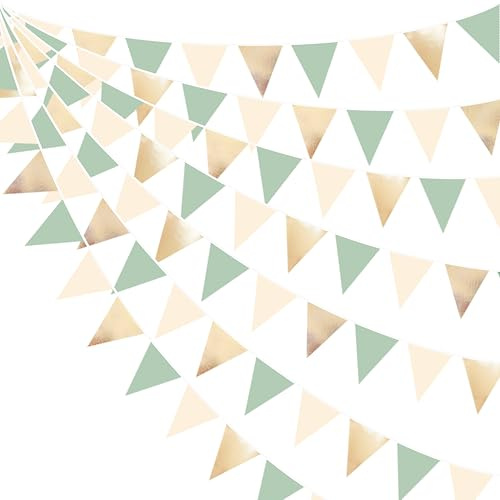 pinkblume 32Ft Champagne Or Vert Sauge Beige Fanions Guirlande Bannière Drapeau Décoration de Fête Tissu Métallique Triangle Banderole pour Anniversaire Bapteme EVJF Mariage Diplômes Extérieur Décor