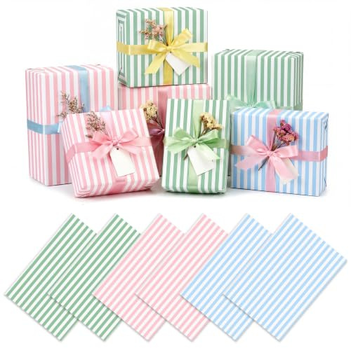 woric 6 Sheets Pastel Stripe Gift Wrapping Paper, 50x70cm Gift Wrap