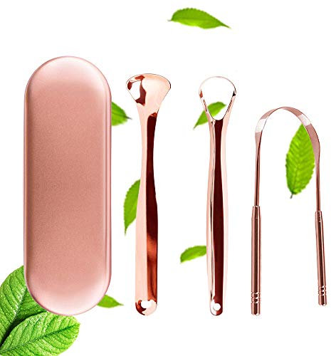 Gratte Langue Acier Inoxydable, 3 Pcs Langue Racloir Métal de Qualité Médicale Nettoyant de Langue Brosse Oral avec Boîte pour Haleine Fraîche Hygiène Soins bucco-dentaires Guérir Bactéries -Rose Gold