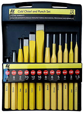 Topolenashop Scalpelli Cacciachiodi Bulini e Cacciaspine per Meccanico, Set da 12 Pezzi - Acciaio al Carbonio, Dritto, Legno, CHISel, Kit di Attrezzi