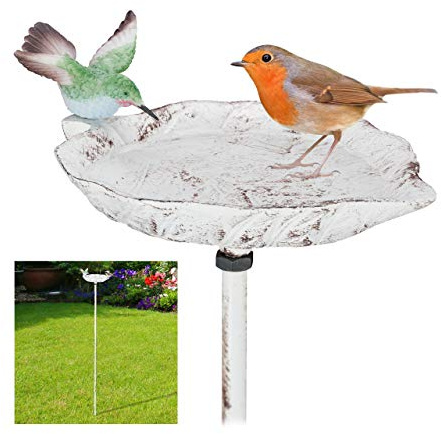 Relaxdays Bebedero Pájaros Hierro Fundido, con Estaca, Bañera Gorriones Exterior Estilo Retro, Comedero, 1m Alto, Blanco
