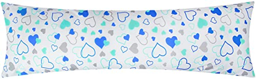 Baumwoll Renforcé Seitenschläferkissen Bezug 40x145cm - Herzen in blau, grün und grau - 100% Baumwolle Stillkissenbezug (KY-620-1)