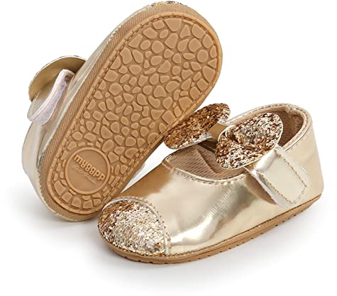 RVROVIC Baby Girls Ballerina Mary Jane Flats Toddler Girl Princess Dress Shoes Soft Infant Crib Shoes(12-18 Months Toddler,3-Gold)