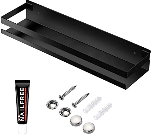 Rustproof Metal Storage Floating Shelf Wall Mounted Rectangular Shelf Bedroom, Bathroom, Living Room, Kitchen and Laundry Room, Nail Free Floating Shelf Wall Mounted Storage Shelf (40cm Black)
