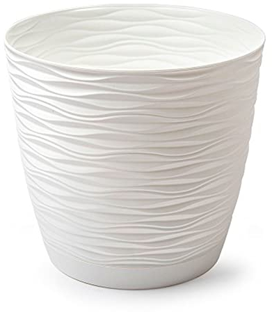 Acan Tradineur - Maceta Redonda con Plato - Diseño Wind (Ø 19 cm) - Fabricado en plástico - Ideal parajardín Exterior, terraza o balcón - Color Blanco Roto
