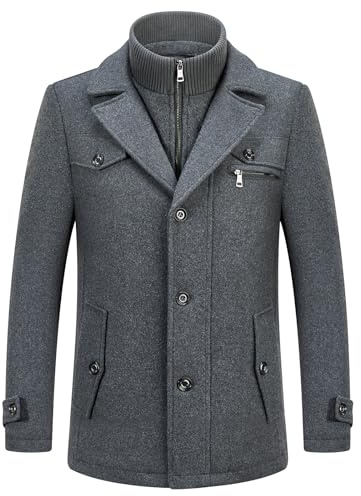 KUDORO Manteau Homme en Laine Chaud pour Hiver Trench Coat Mi-Long Classique Parka Pardessus Caban Slim Fit Élégant Business Décontractée Duffle-Coats Coup-Vent Revers Overcoat(Gris1,XL)